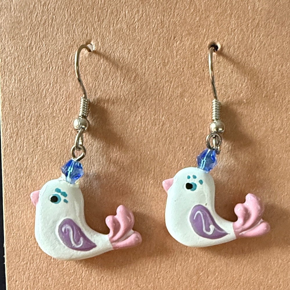Pink and White Bird Earrings